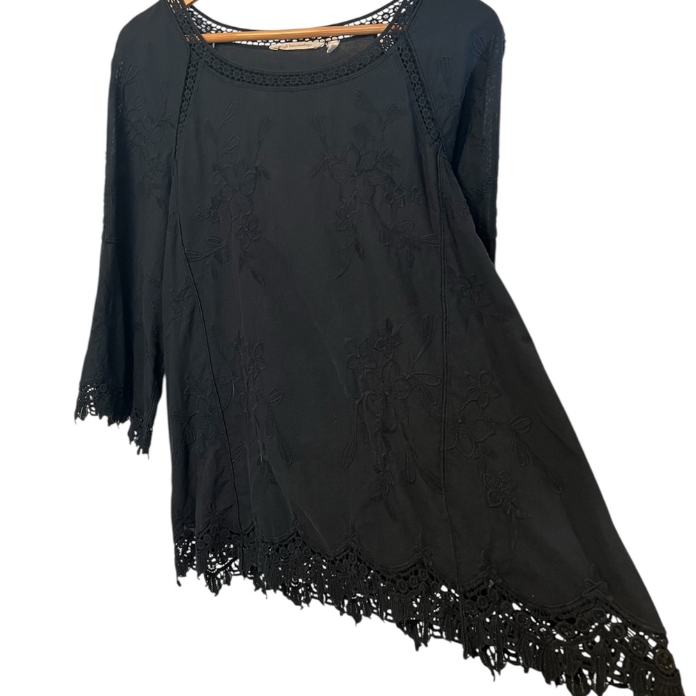 Soft Surroundings Black Embroidered and Crocheted Bell Sleeve Top - Picture 4 of 10